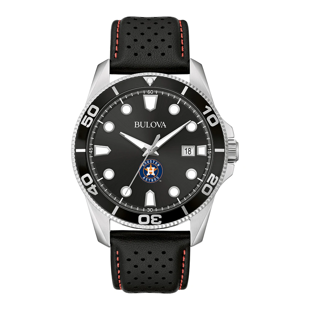 Men's Bulova Black Houston Astros Sport Leather Strap Watch