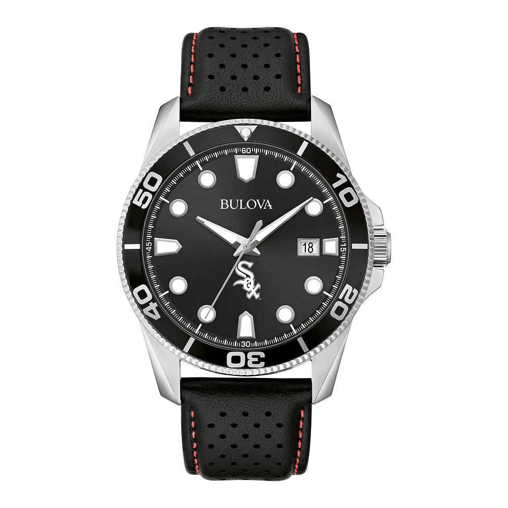 Men's Bulova Black Chicago White Sox Sport Leather Strap Watch