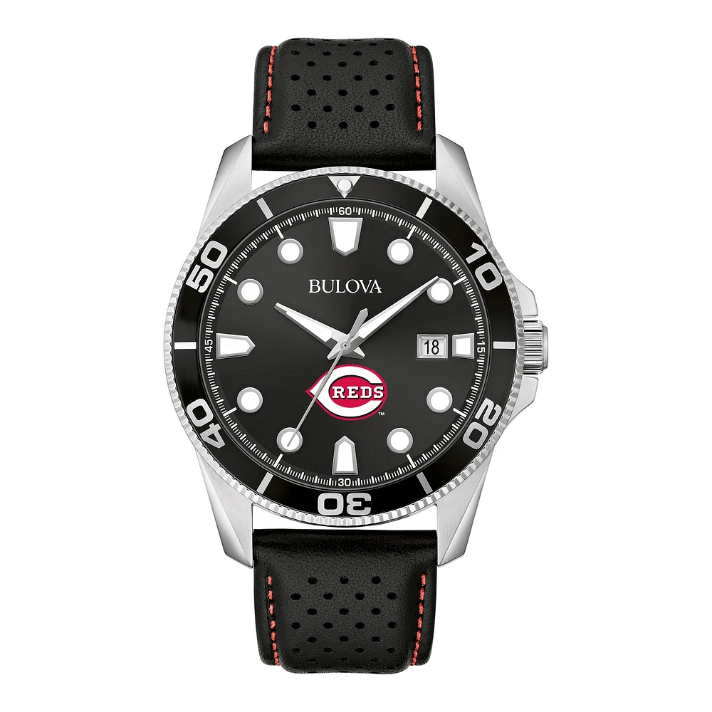 Men's Bulova Black Cincinnati Reds Sport Leather Strap Watch
