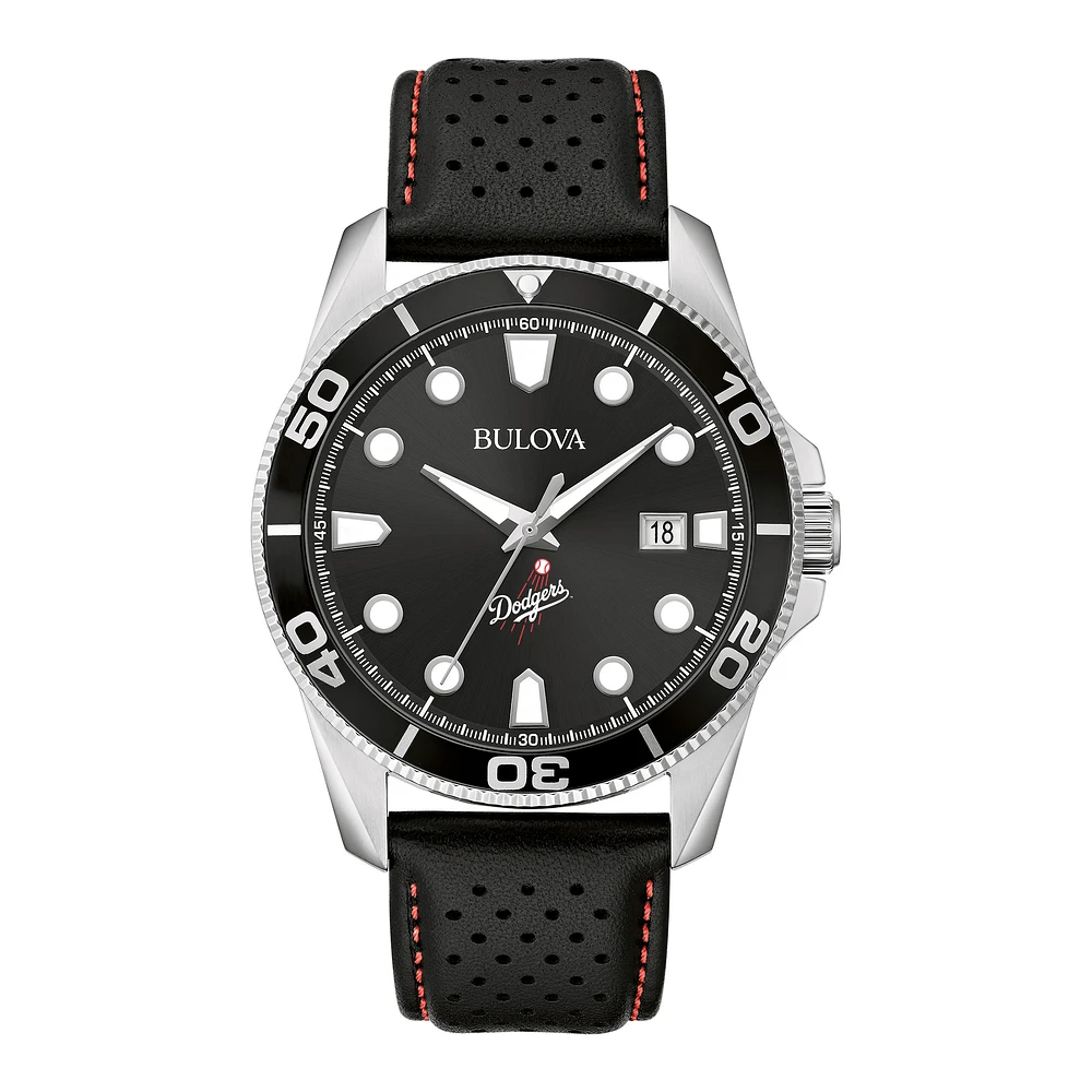 Men's Bulova Black Los Angeles Dodgers Sport Leather Strap Watch
