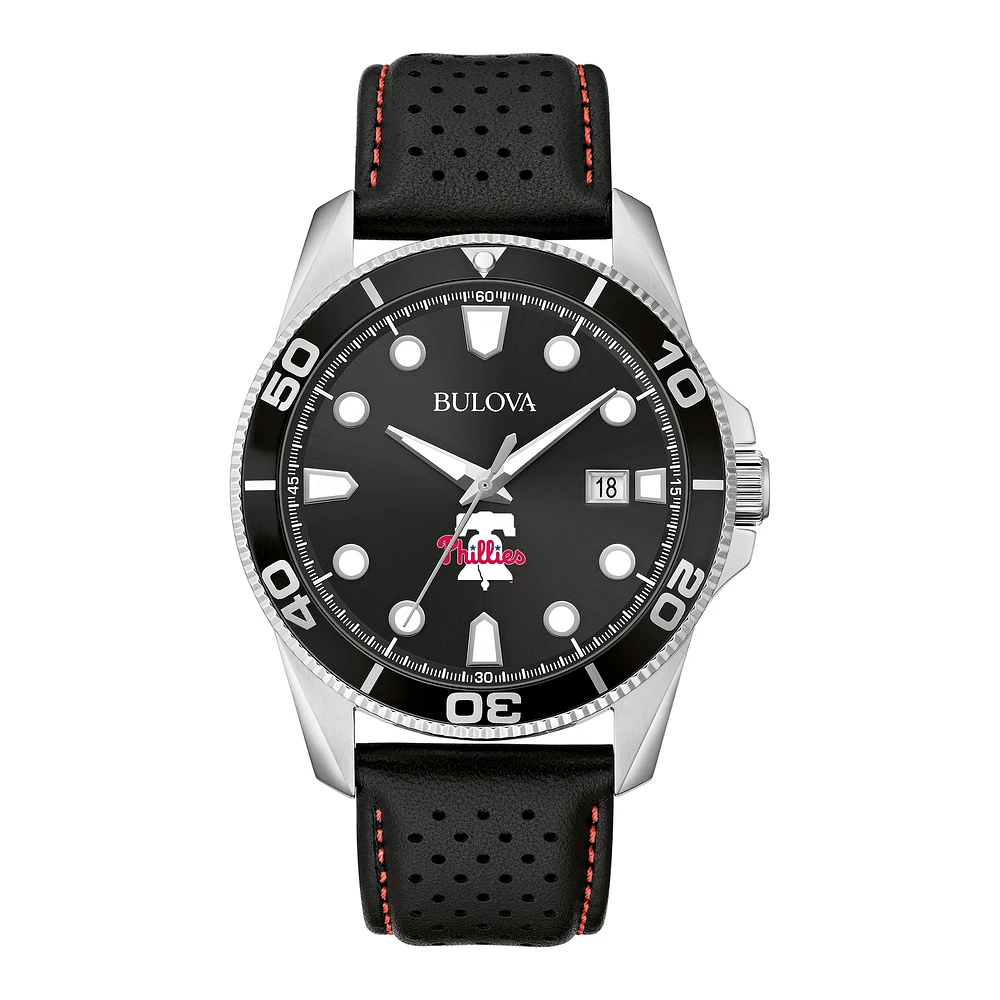 Men's Bulova Black Philadelphia Phillies Sport Leather Strap Watch