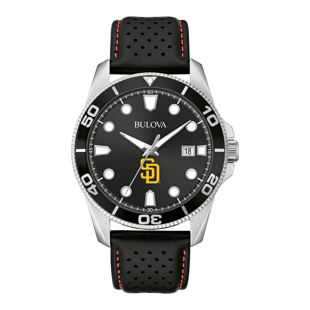 Men's Bulova Black San Diego Padres Sport Leather Strap Watch