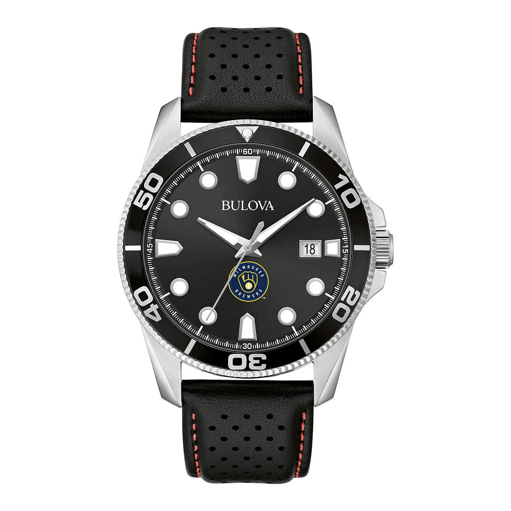 Men's Bulova Black Milwaukee Brewers Sport Leather Strap Watch