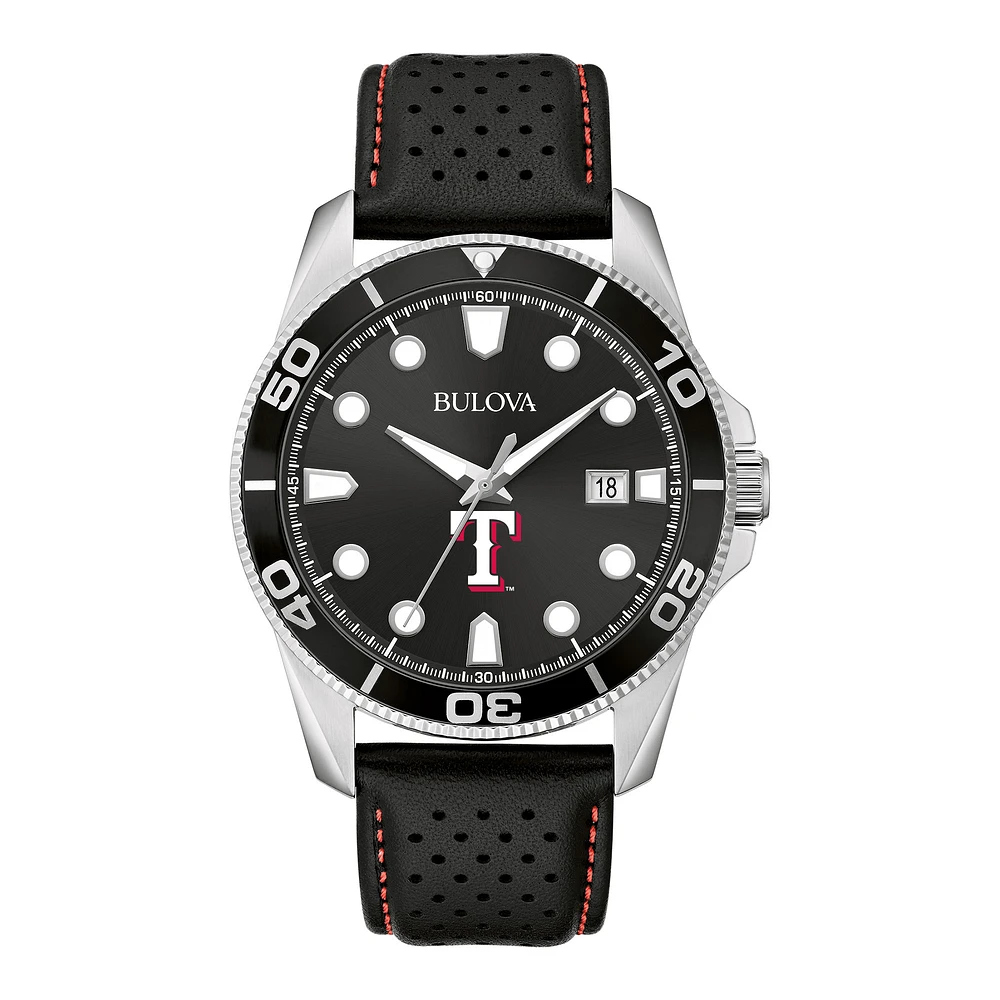 Men's Bulova Black Texas Rangers Sport Leather Strap Watch