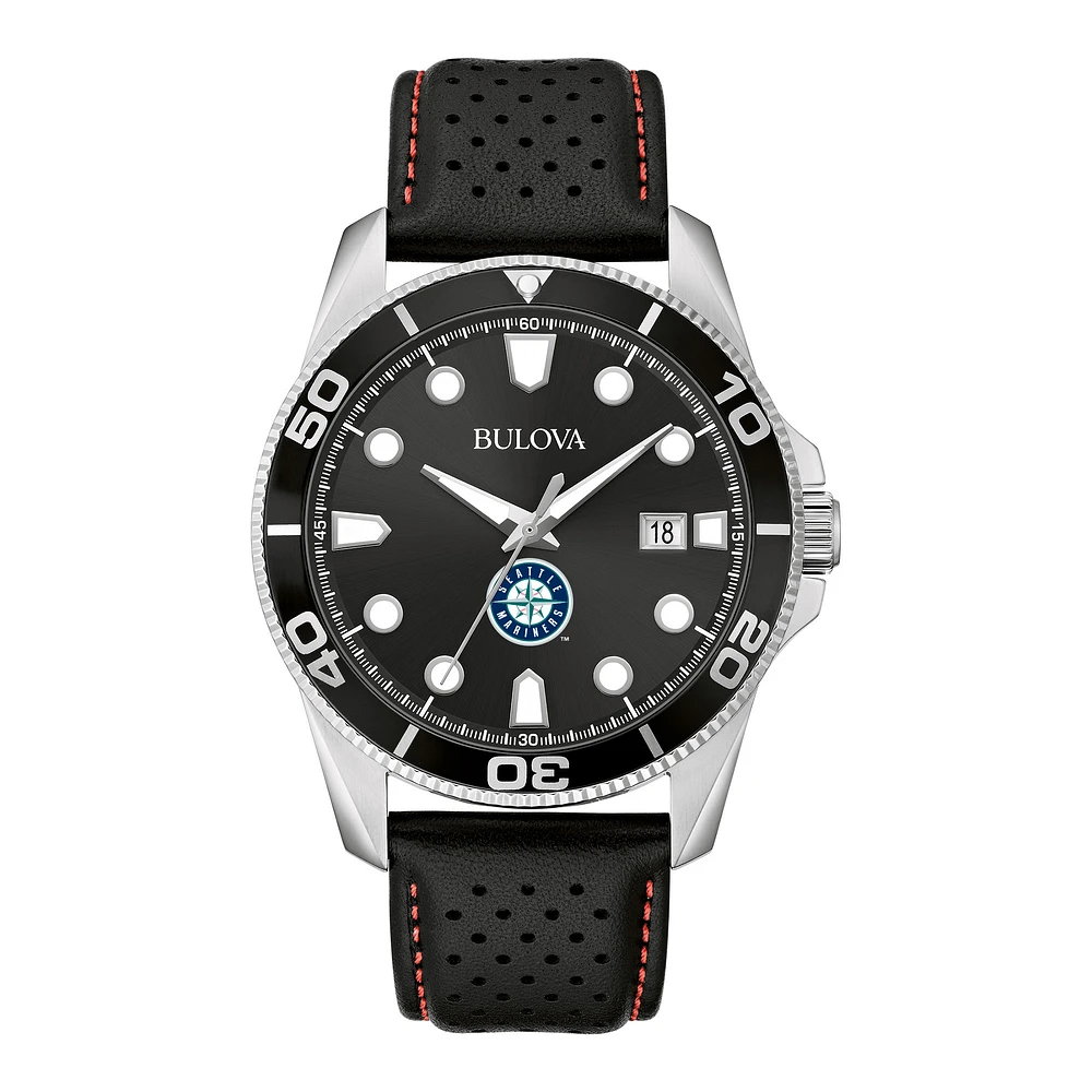 Men's Bulova Black Seattle Mariners Sport Leather Strap Watch
