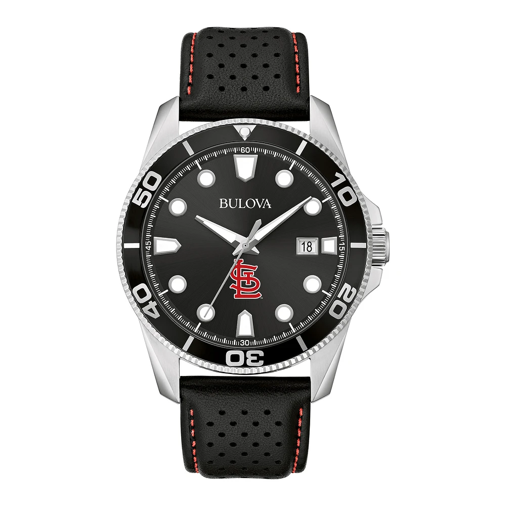 Men's Bulova Black St. Louis Cardinals Sport Leather Strap Watch
