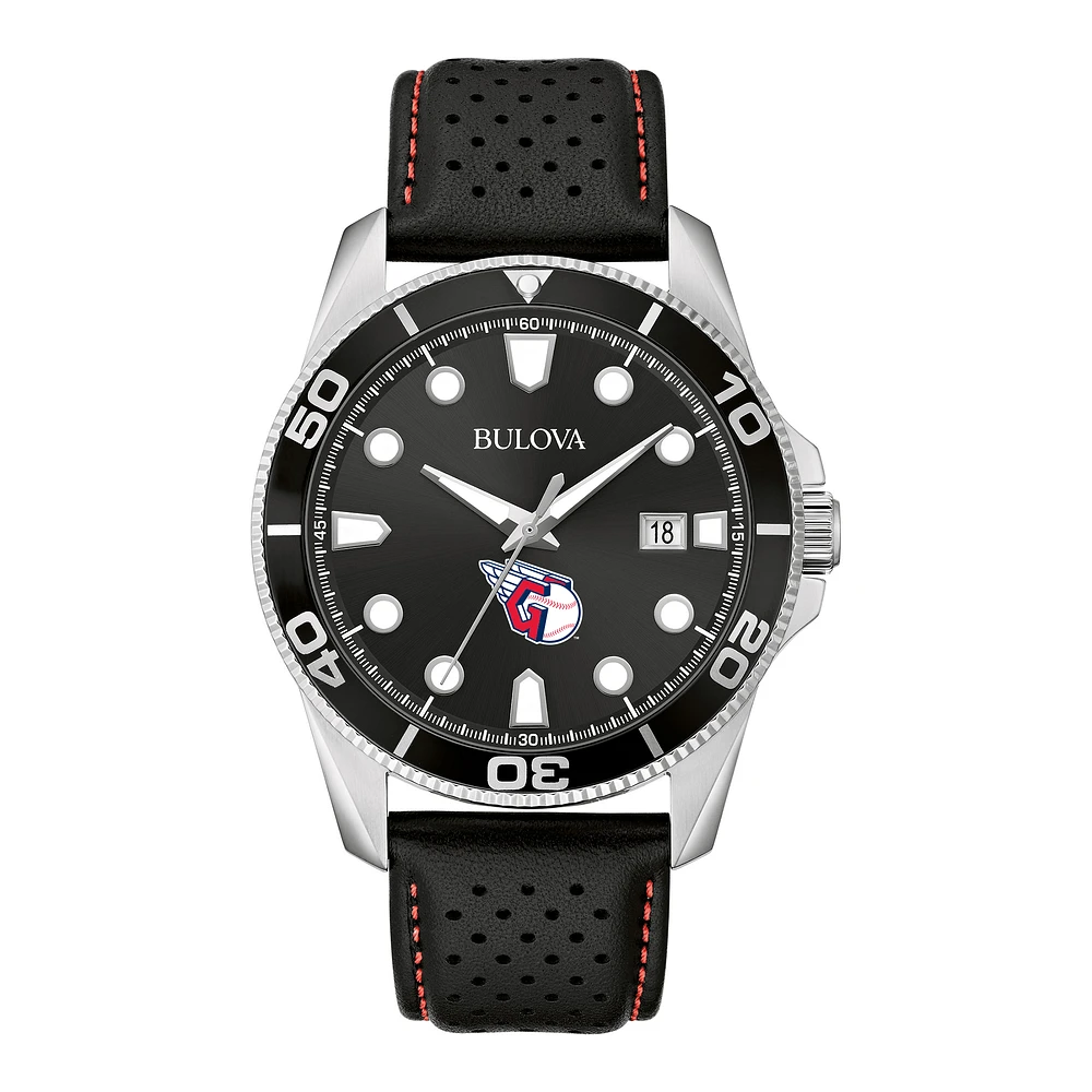 Men's Bulova Black Cleveland Guardians Sport Leather Strap Watch