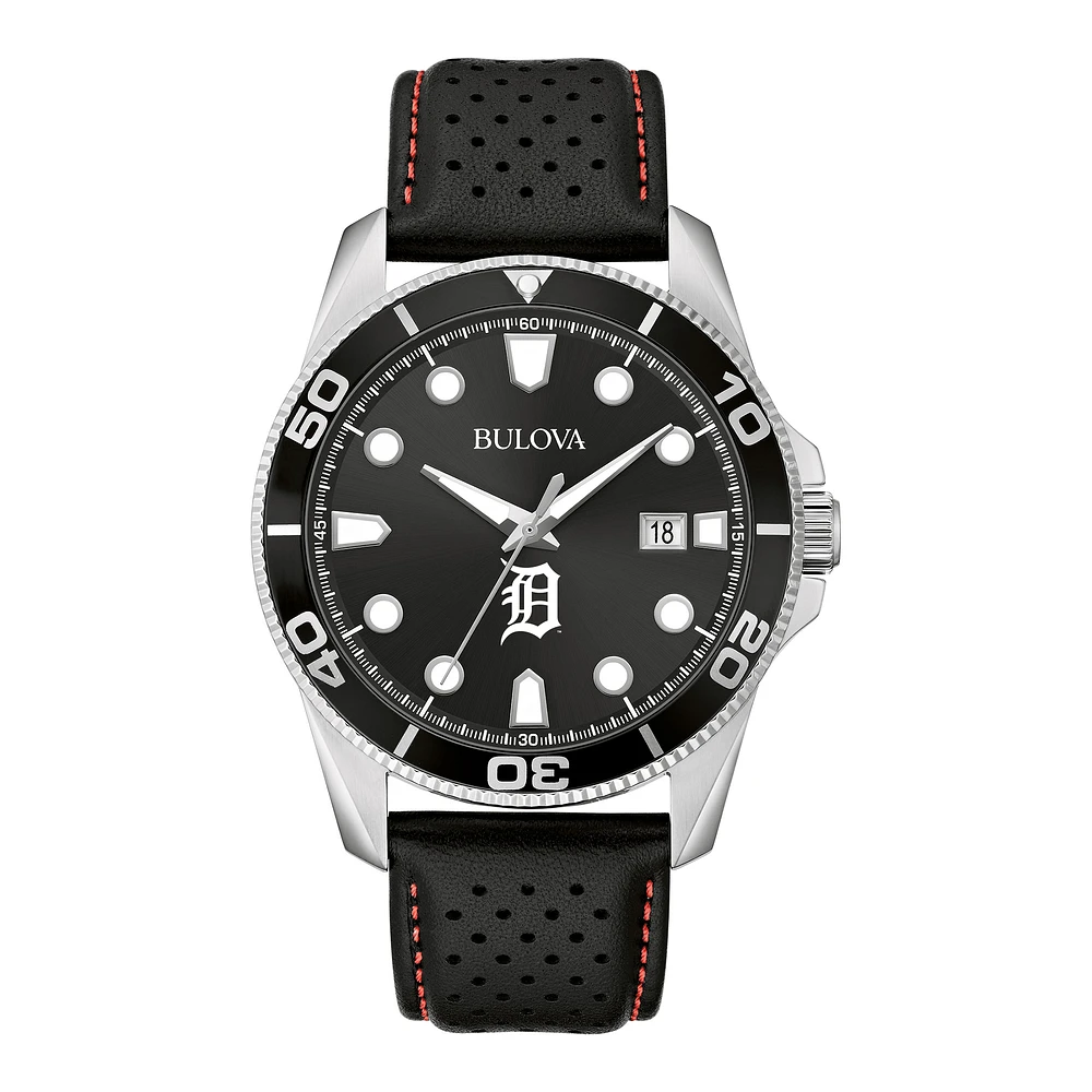 Men's Bulova Black Detroit Tigers Sport Leather Strap Watch