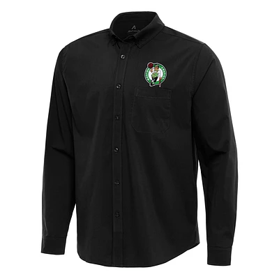 Men's Antigua Black Boston Celtics Flight Woven Tri-Blend Long Sleeve Button-Down Shirt