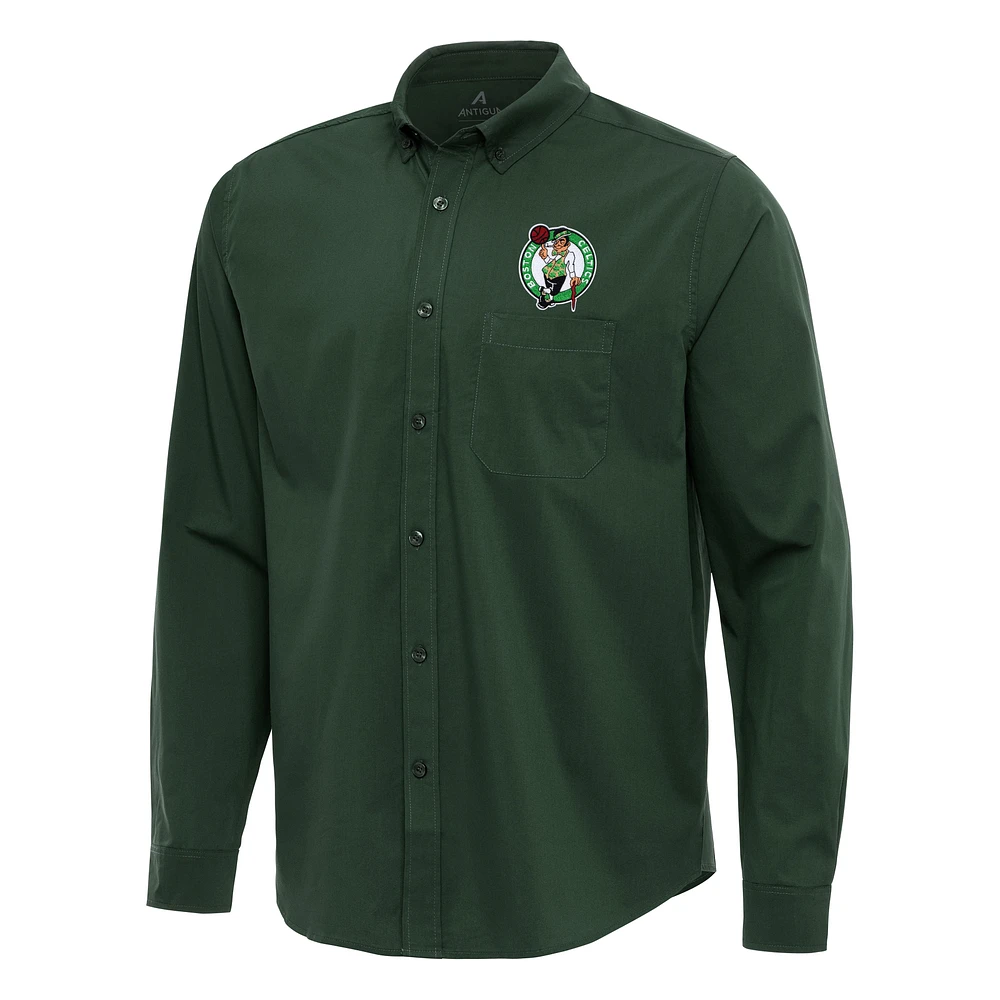 Men's Antigua Hunter Green Boston Celtics Flight Woven Tri-Blend Long Sleeve Button-Down Shirt
