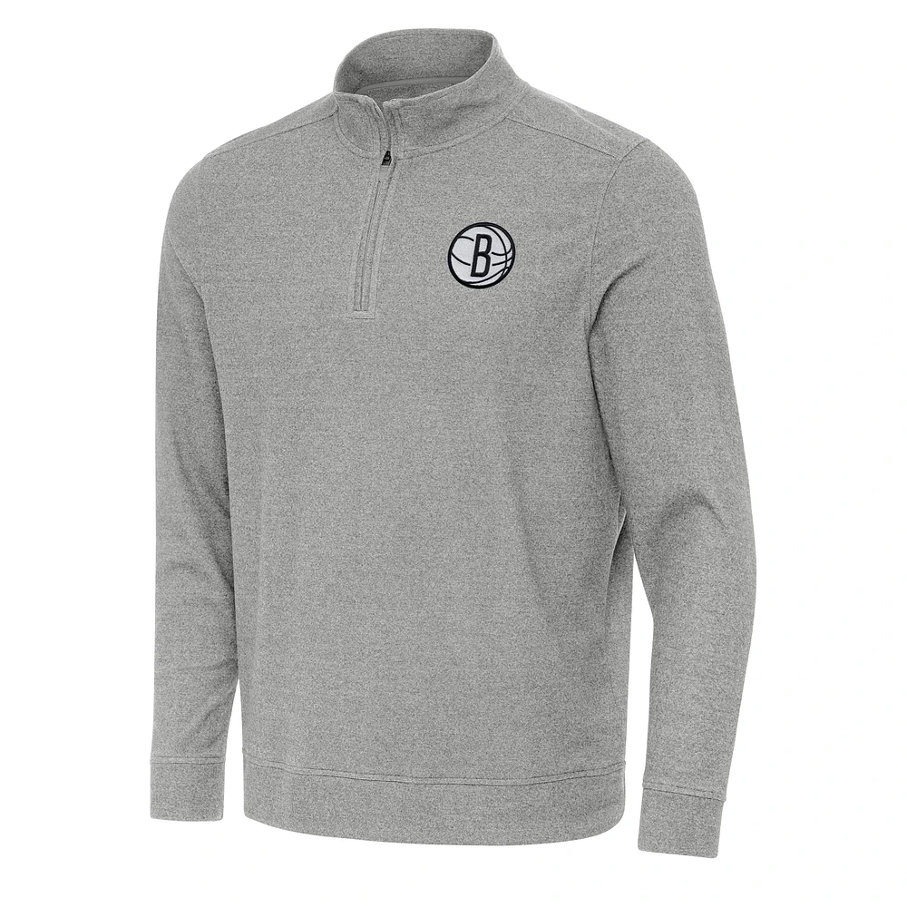 Men's Antigua Heather Gray Brooklyn Nets Subtle Quarter-Zip Sweatshirt
