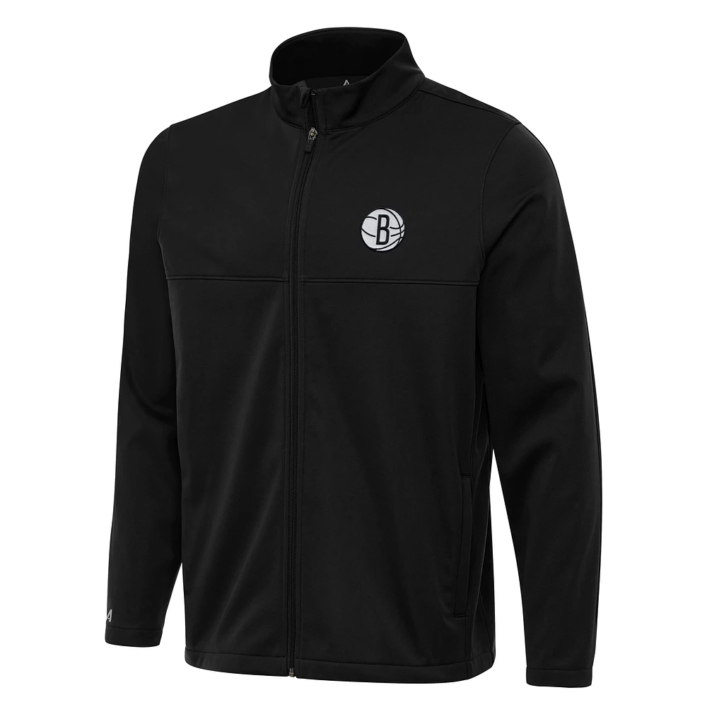 Men's Antigua Black Brooklyn Nets Links 2 Full-Zip Golf Jacket