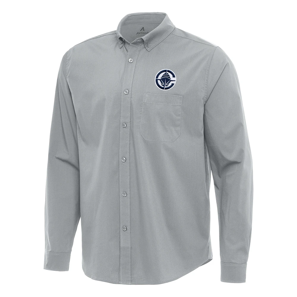 Men's Antigua Gray LA Clippers Flight Woven Tri-Blend Long Sleeve Button-Down Shirt
