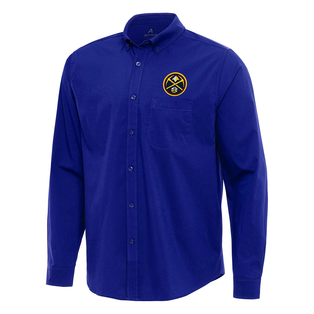 Men's Antigua Royal Denver Nuggets Flight Woven Tri-Blend Long Sleeve Button-Down Shirt