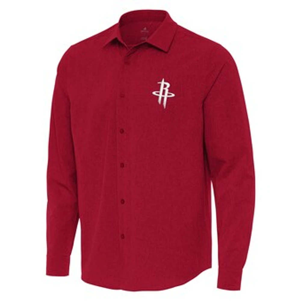 Men's Antigua Red Houston Rockets Exposure Woven Long Sleeve Button-Up Shirt