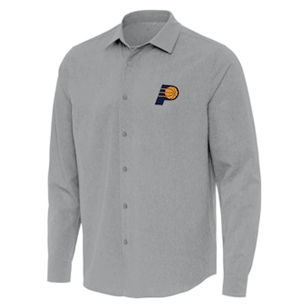 Men's Antigua Gray Indiana Pacers Exposure Woven Long Sleeve Button-Up Shirt