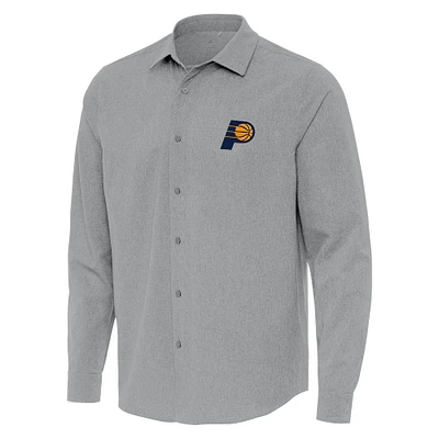 Men's Antigua Gray Indiana Pacers Exposure Woven Long Sleeve Button-Up Shirt