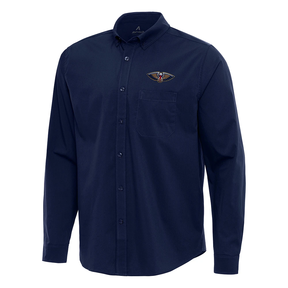 Men's Antigua Navy New Orleans Pelicans Flight Woven Tri-Blend Long Sleeve Button-Down Shirt