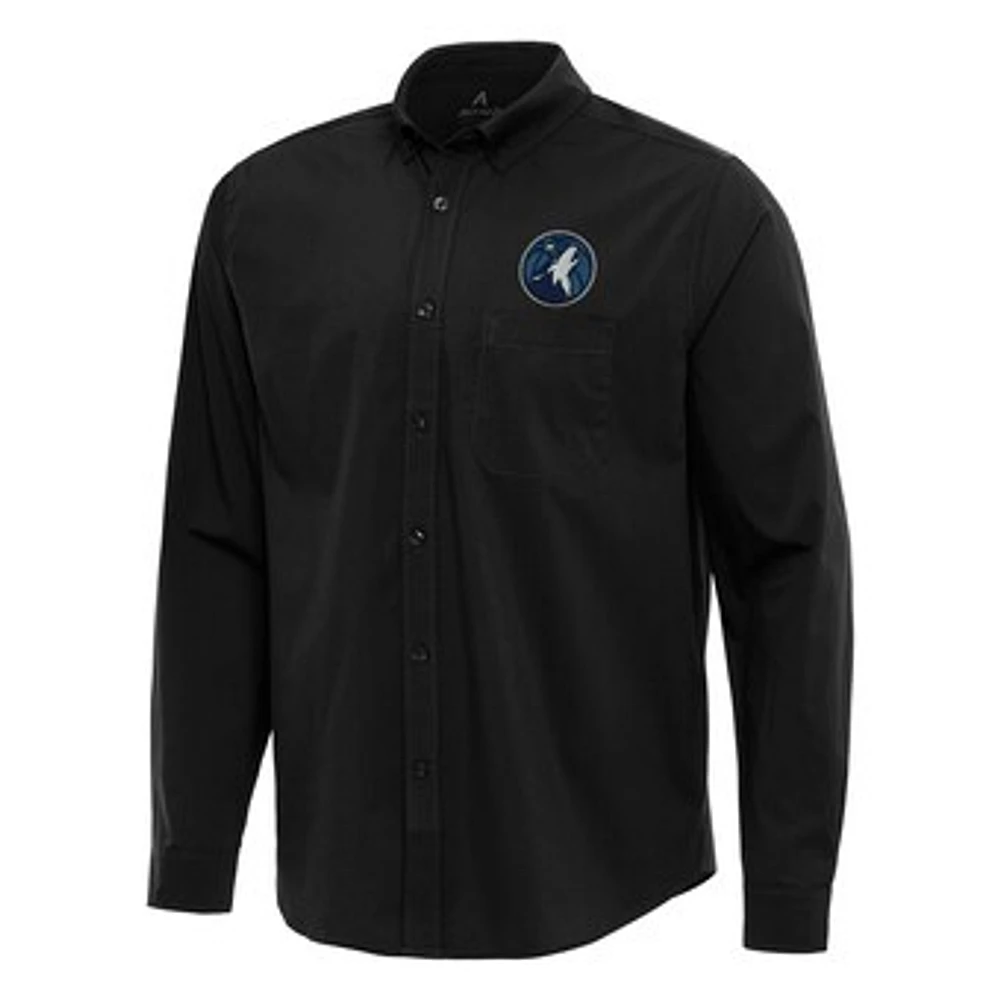 Men's Antigua Black Minnesota Timberwolves Flight Woven Tri-Blend Long Sleeve Button-Down Shirt