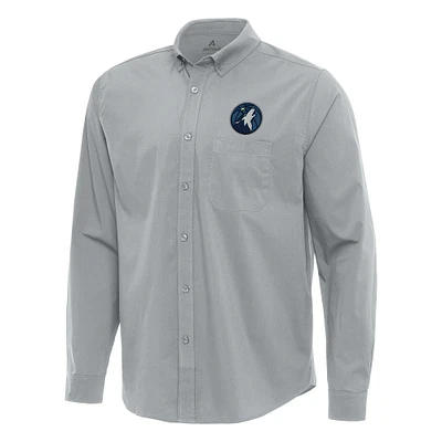 Men's Antigua Gray Minnesota Timberwolves Flight Woven Tri-Blend Long Sleeve Button-Down Shirt