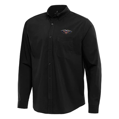 Men's Antigua Black New Orleans Pelicans Flight Woven Tri-Blend Long Sleeve Button-Down Shirt