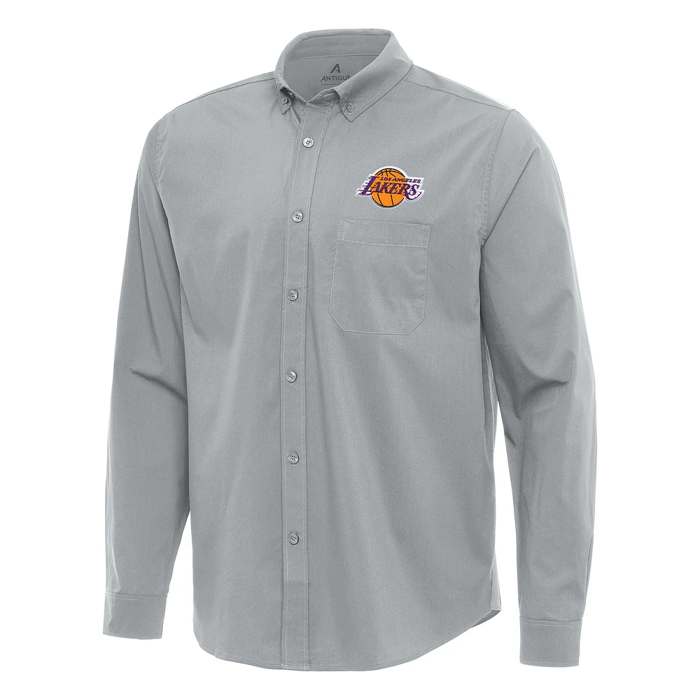 Men's Antigua Gray Los Angeles Lakers Flight Woven Tri-Blend Long Sleeve Button-Down Shirt