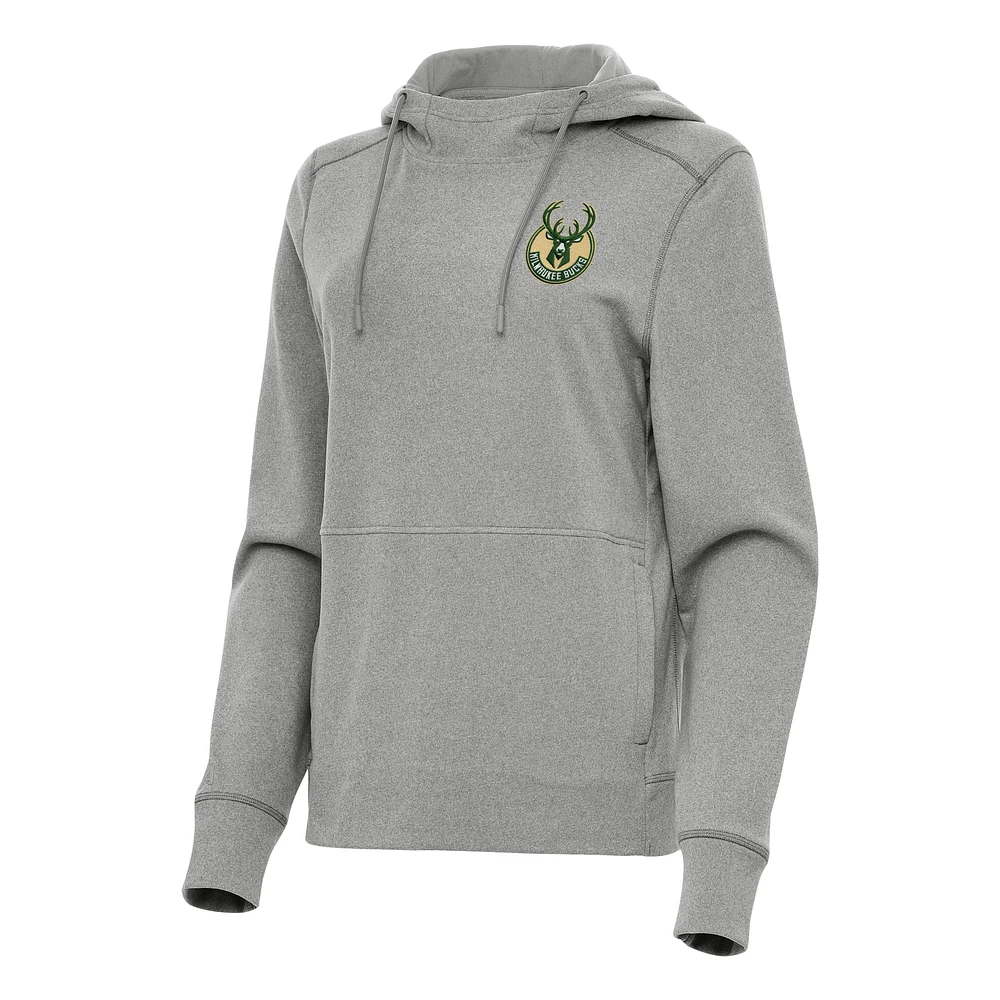 Women's Antigua Heather Gray Milwaukee Bucks Justice Pullover Hoodie
