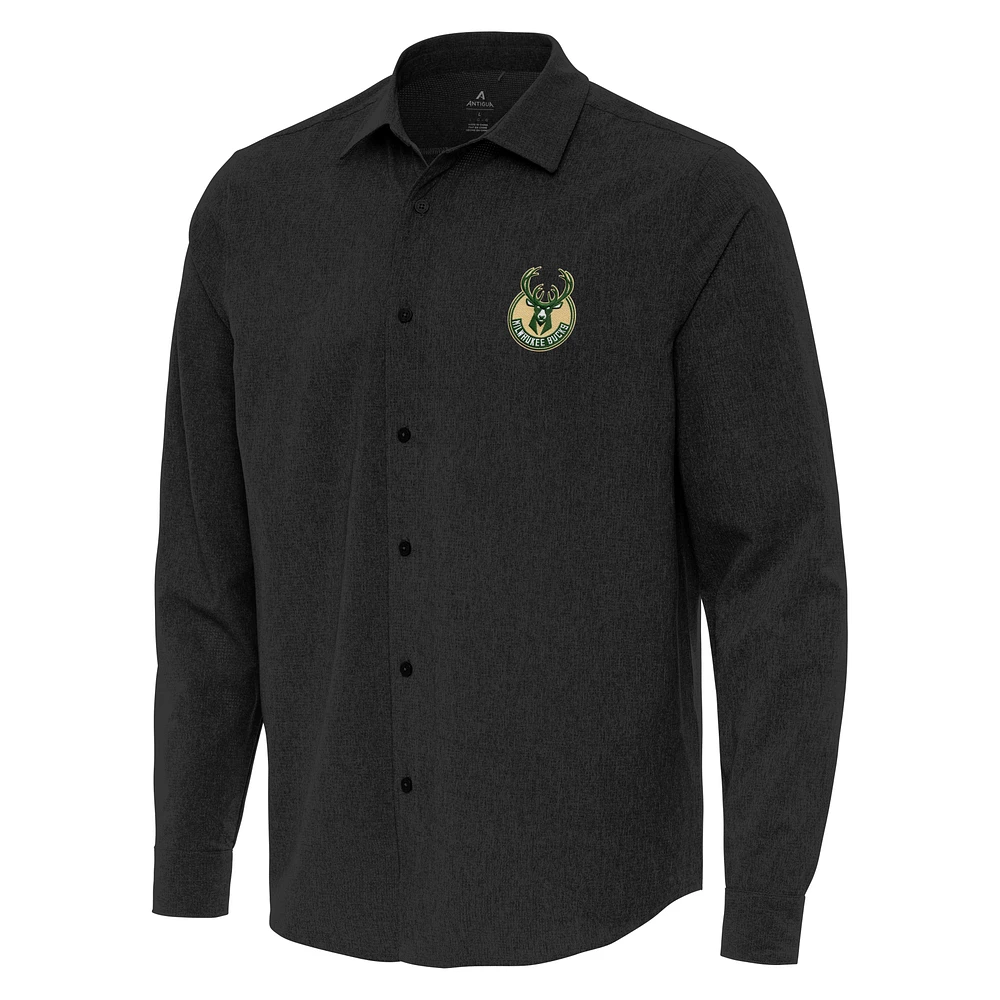 Men's Antigua Black Milwaukee Bucks Exposure Woven Long Sleeve Button-Up Shirt