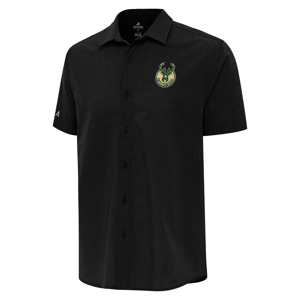 Men's Antigua Black Milwaukee Bucks Activate Woven Short Sleeve Button-Up Shirt