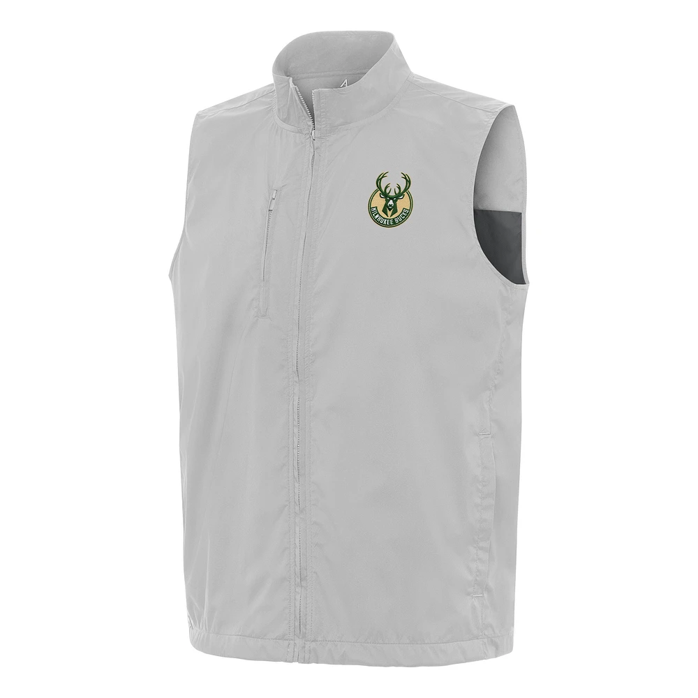 Men's Antigua Heather Gray Milwaukee Bucks Brisk Full-Zip Vest