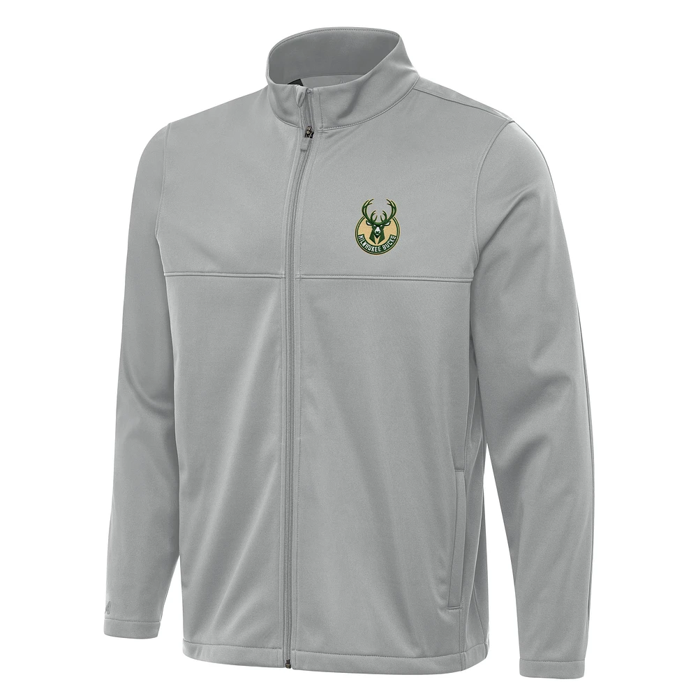 Men's Antigua Gray Milwaukee Bucks Links 2 Full-Zip Golf Jacket