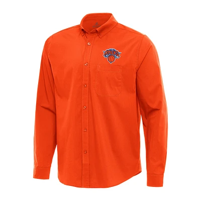 Men's Antigua Orange New York Knicks Flight Woven Tri-Blend Long Sleeve Button-Down Shirt