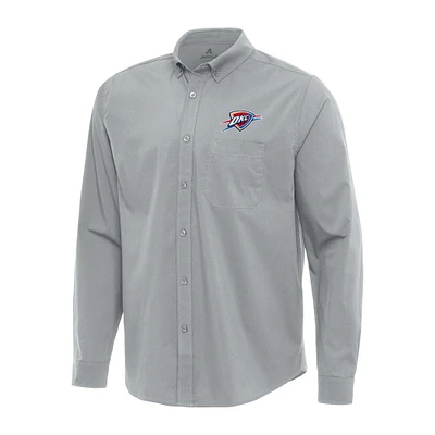 Men's Antigua Gray Oklahoma City Thunder Flight Woven Tri-Blend Long Sleeve Button-Down Shirt