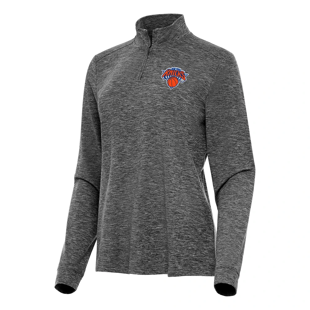 Women's Antigua Heather Black New York Knicks Mentor Quarter-Zip Mock Long Sleeve Top