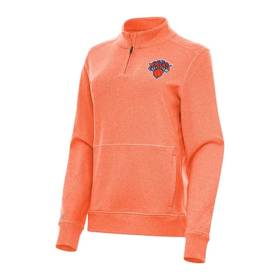 Women's Antigua Heather Orange New York Knicks Crush Quarter-Zip Fleece Sweatshirt