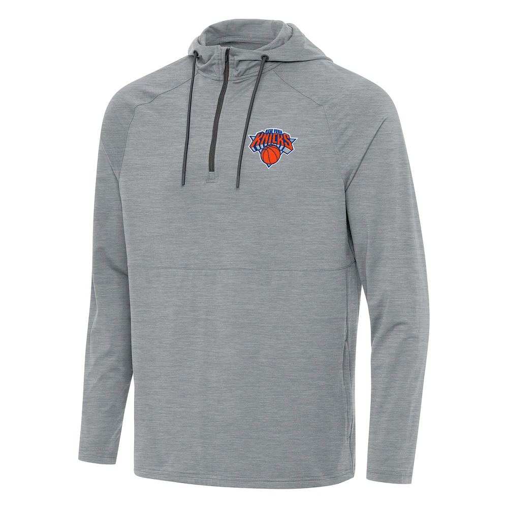 Men's Antigua Heather Gray New York Knicks Spikes Raglan Quarter-Zip Hoodie