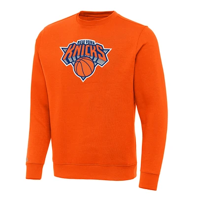 Men's Antigua Orange New York Knicks Victory Crewneck Pullover Sweatshirt