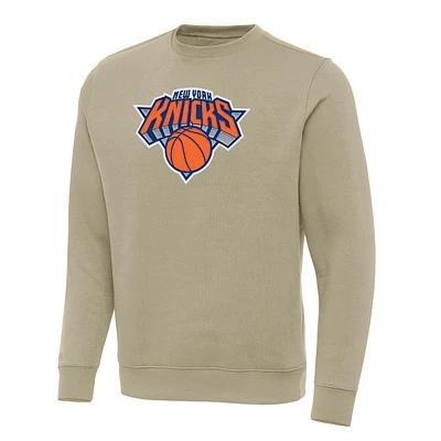 Men's Antigua Khaki New York Knicks Victory Crewneck Pullover Sweatshirt