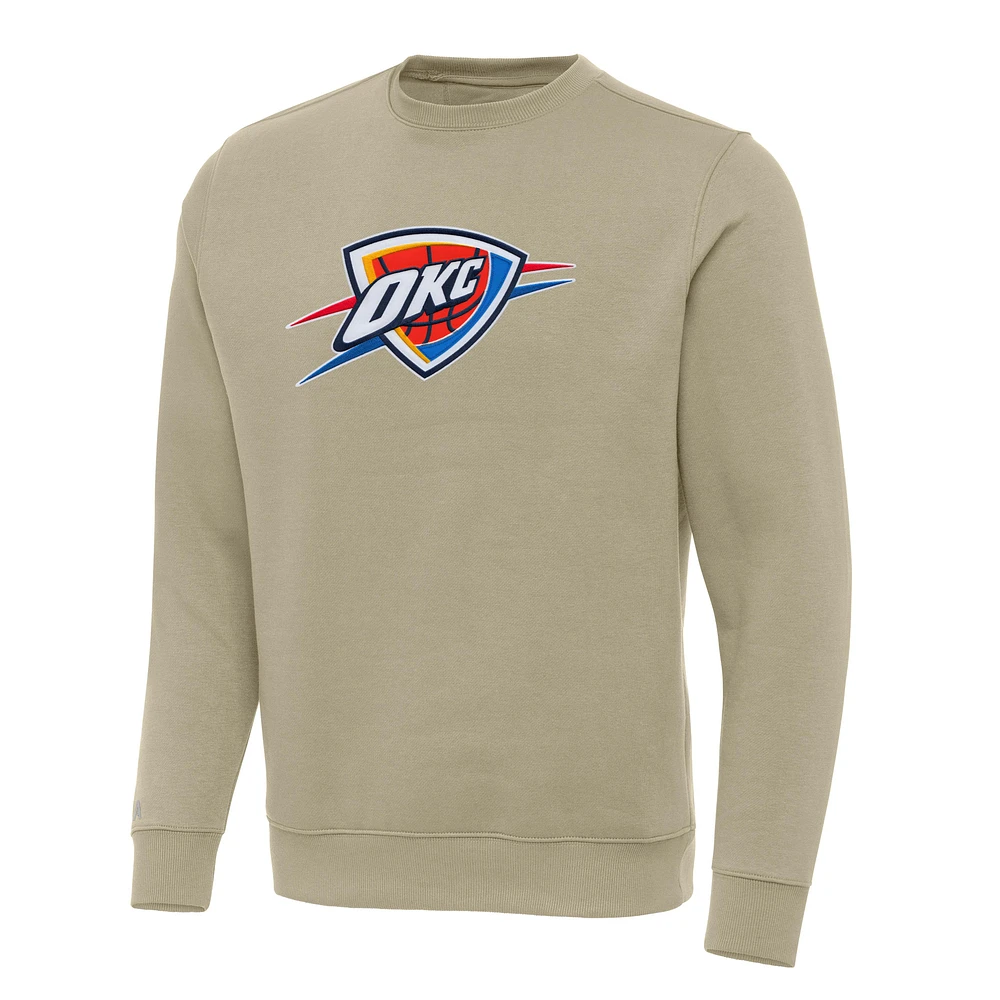 Men's Antigua Khaki Oklahoma City Thunder Victory Crewneck Pullover Sweatshirt