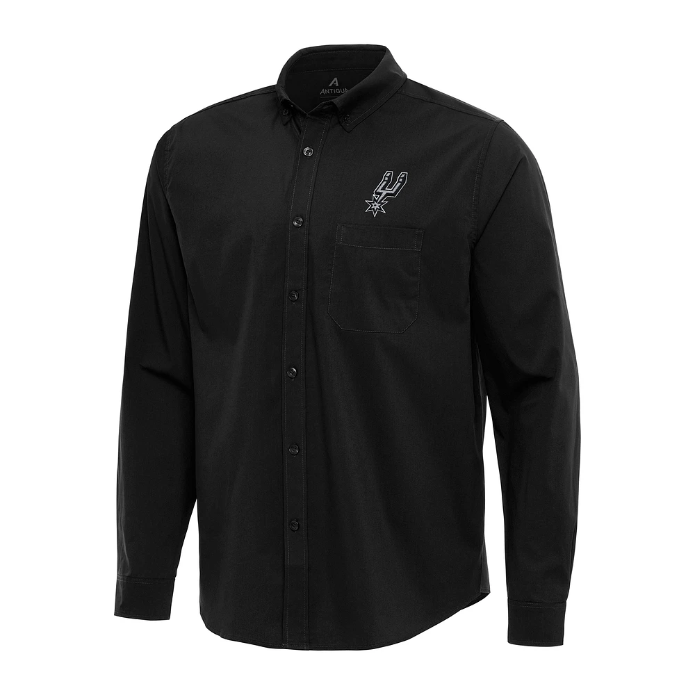 Men's Antigua Black San Antonio Spurs Flight Woven Tri-Blend Long Sleeve Button-Down Shirt