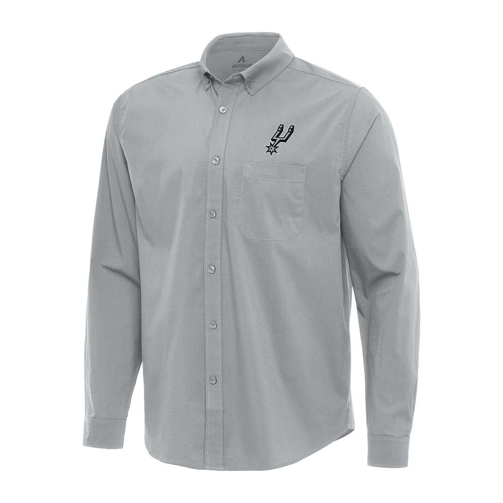 Men's Antigua Gray San Antonio Spurs Flight Woven Tri-Blend Long Sleeve Button-Down Shirt