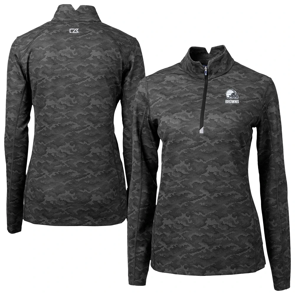 Women's Cutter & Buck Black Cleveland Browns Traverse Stretch Eco Camo Print Quarter-Zip Pullover Top