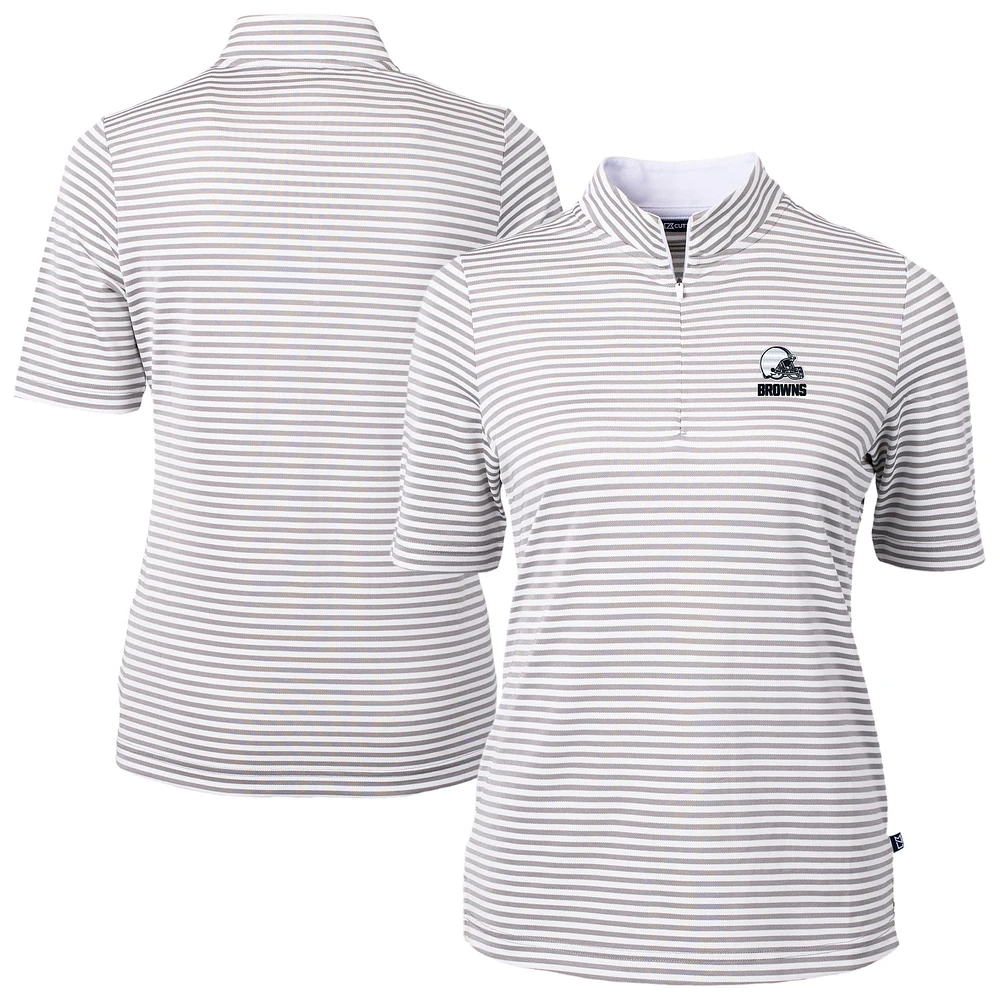 Women's Cutter & Buck Gray Cleveland Browns Virtue Eco Pique Stripe Recycled Tri-Blend Quarter-Zip Top