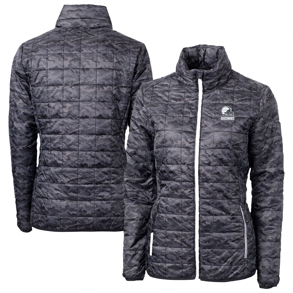 Women's Cutter & Buck Black Cleveland Browns Rainier PrimaLoft® Eco Insulated Full-Zip Printed Puffer Jacket