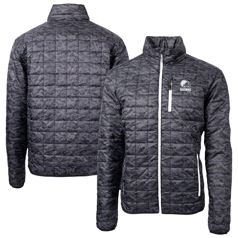 Men's Cutter & Buck Black Cleveland Browns Rainier PrimaLoft® Eco Insulated Full-Zip Hoodie Printed Puffer Jacket