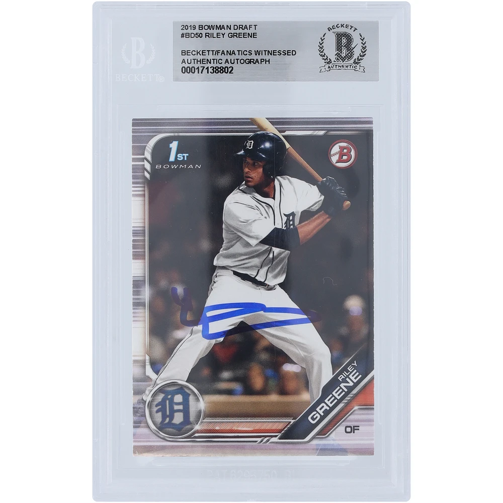 Riley Greene Detroit Tigers Autographed 2019 Bowman Draft #BD-50 Beckett Fanatics Witnessed Authenticated Card