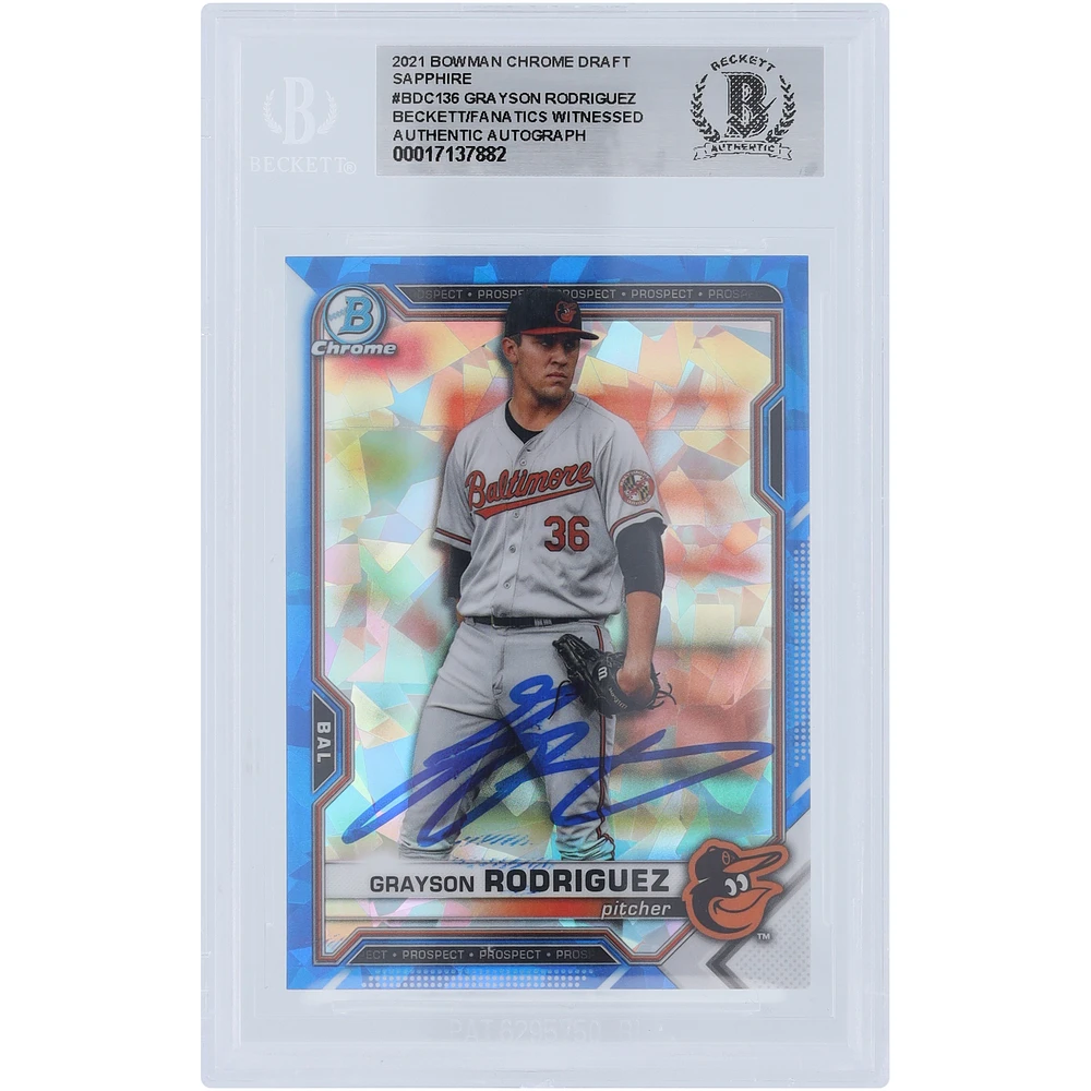 Grayson Rodriguez Baltimore Orioles Autographed 2021 Bowman Chrome Draft Sapphire #BDC-136 Beckett Fanatics Witnessed Authenticated Card