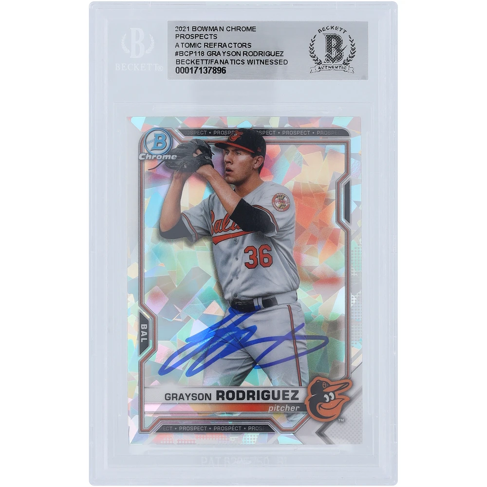 Grayson Rodriguez Baltimore Orioles Autographed 2021 Bowman Chrome Prospects Atomic Refractor #BCP-118 Beckett Fanatics Witnessed Authenticated Card