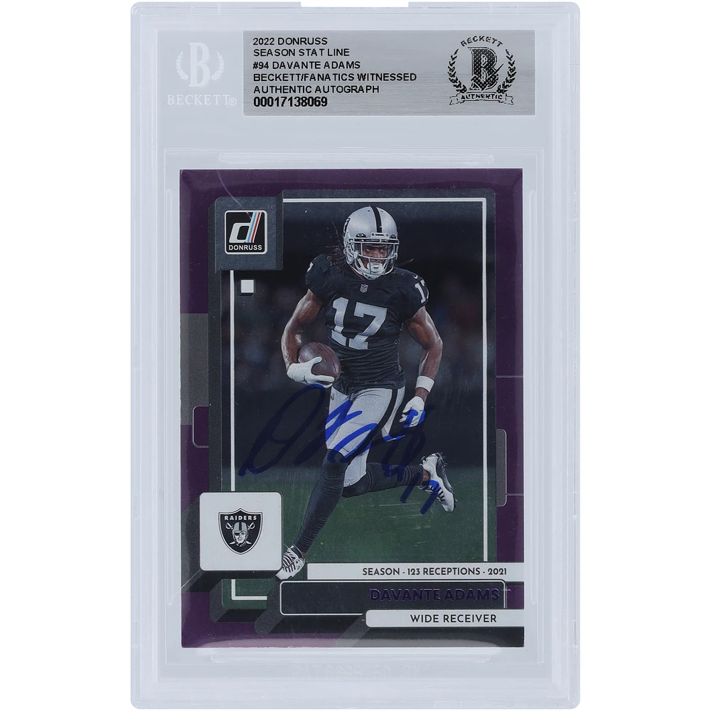 Davante Adams Las Vegas Raiders Autographed 2022 Panini Donruss Purple Season Stat Line #94 #/123 Beckett Fanatics Witnessed Authenticated Card