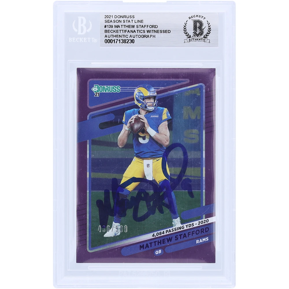 Matthew Stafford Los Angeles Rams Autographed 2021 Panini Donruss Purple Season Stat Line #139 #/500 Beckett Fanatics Witnessed Authenticated Card
